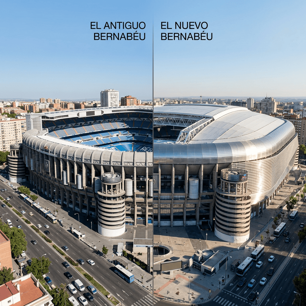 Split comparison of old and new Bernabéu stadium in Madrid