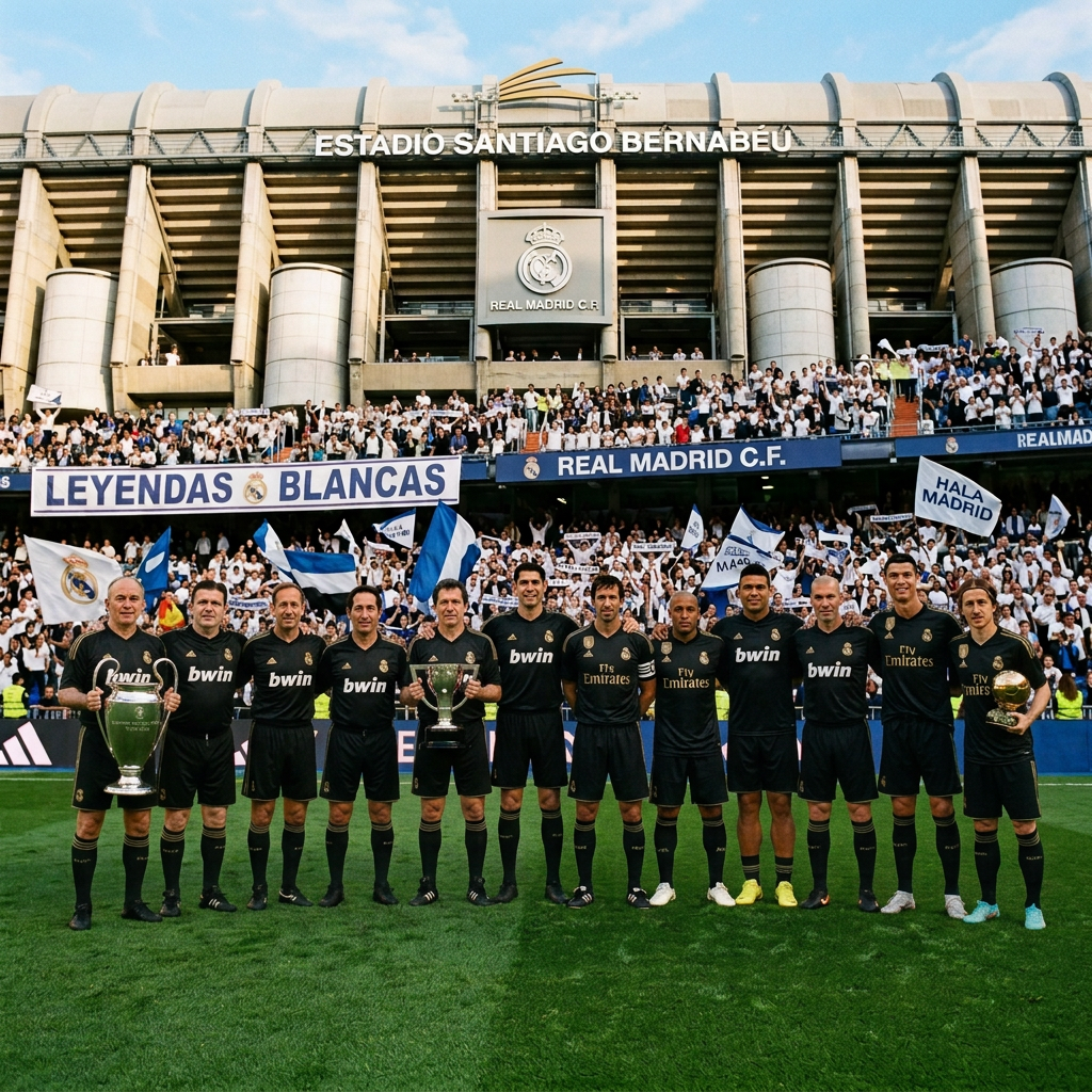 Real Madrid Legends Reunion at Bernabéu Real Madrid legends holding trophies at Santiago Bernabéu Stadium, with fans and signs reading “LEYENDAS BLANCAS” and “REAL MADRID C.F.”