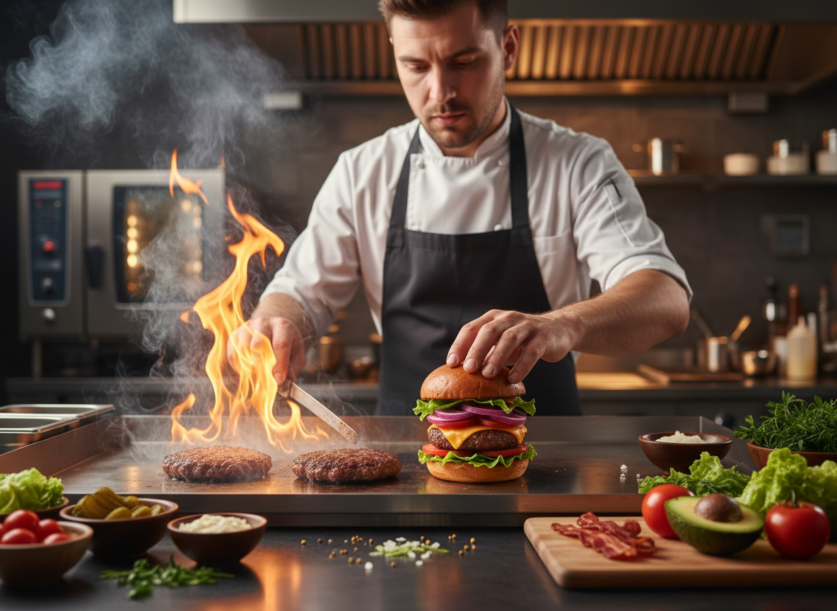Cocinero preparando hamburguesas a la plancha en una cocina