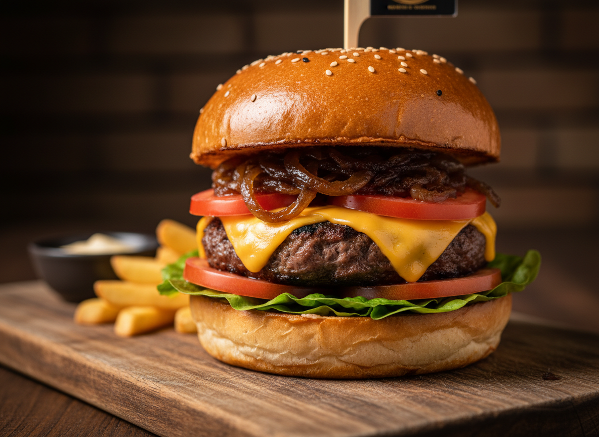 Hamburguesa gourmet con queso derretido, tomate y lechuga sobre una tabla de madera