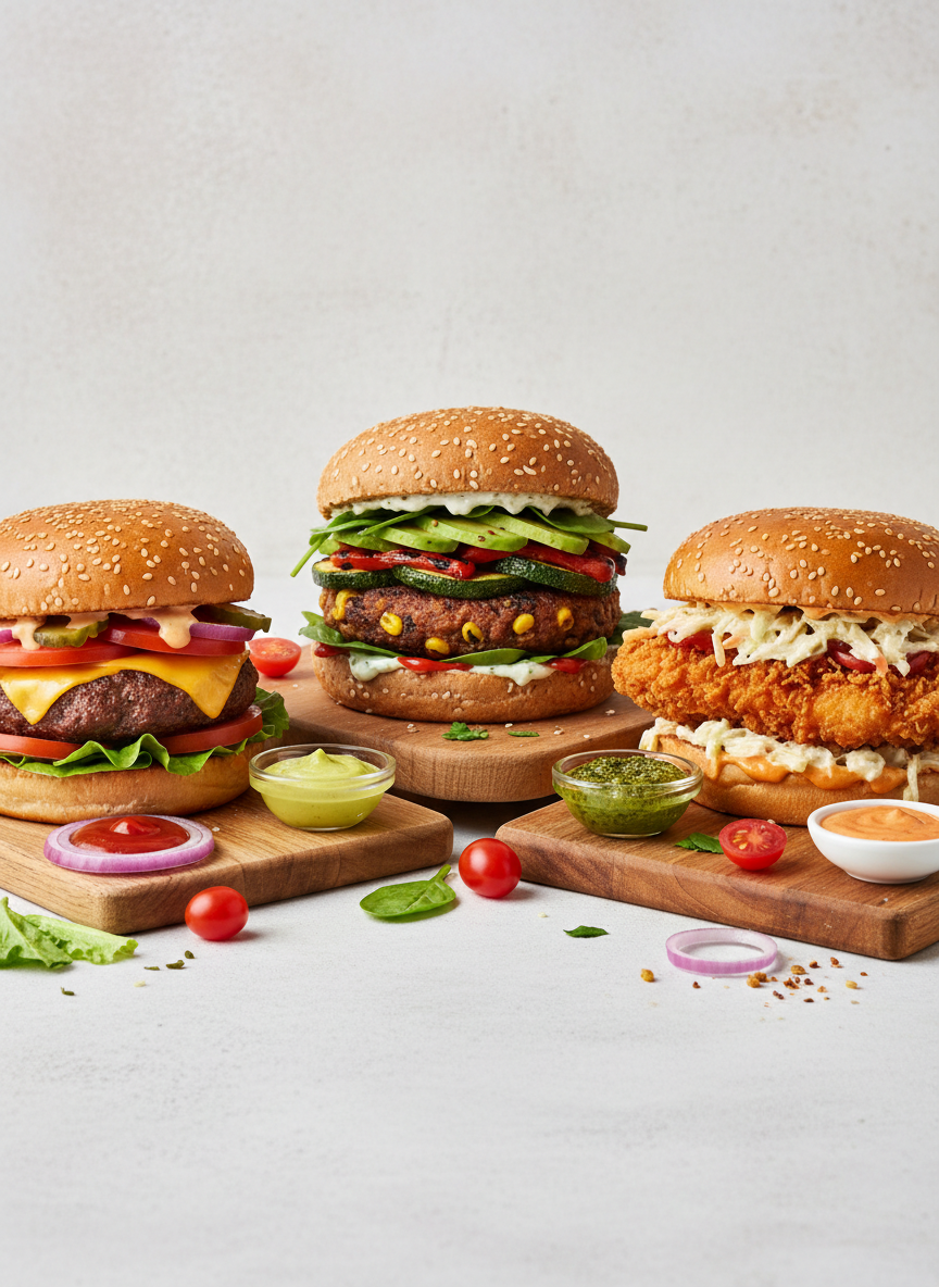 Tres tipos de hamburguesas: clásica, vegetariana y de pollo crujiente